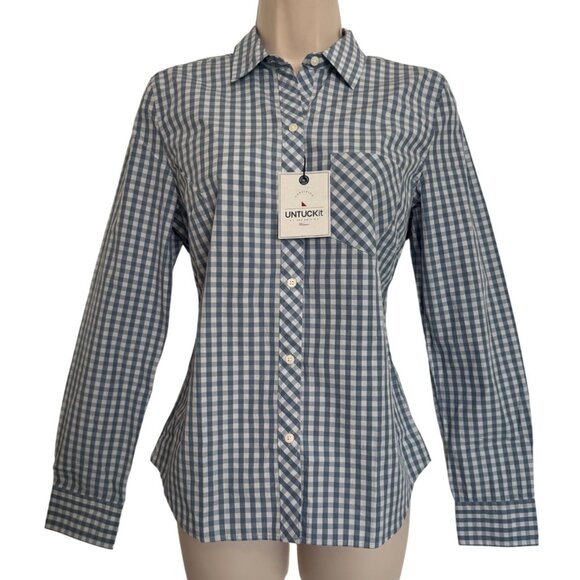 Untuckit Crispo Gingham Size 2 Button Up Cotton Shirt NWT Check Blue White - Picture 9 of 10